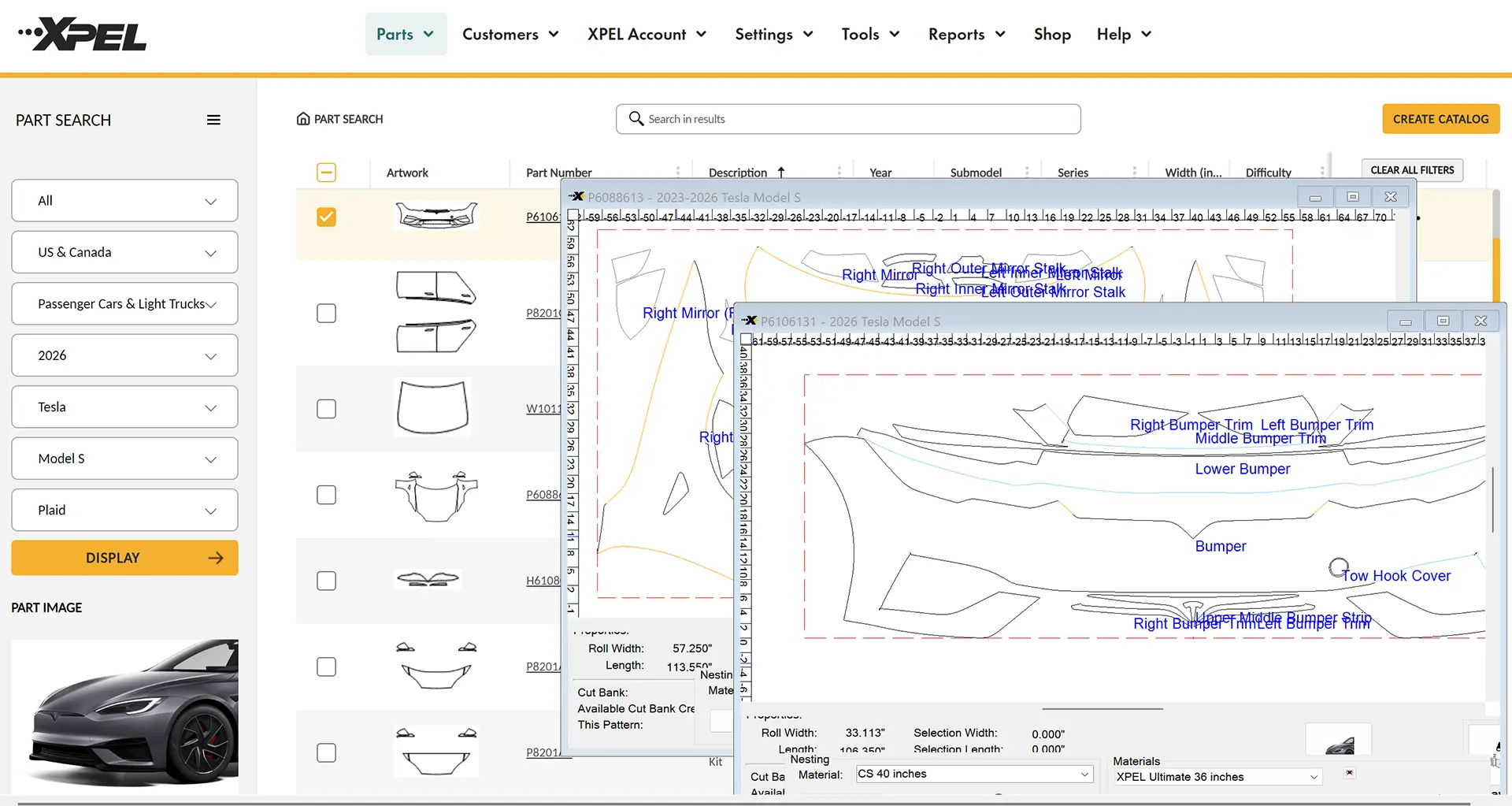 XPEL DAP (Design Access Program) software interface displaying digital paint protection film patterns for custom vehicle coverage.