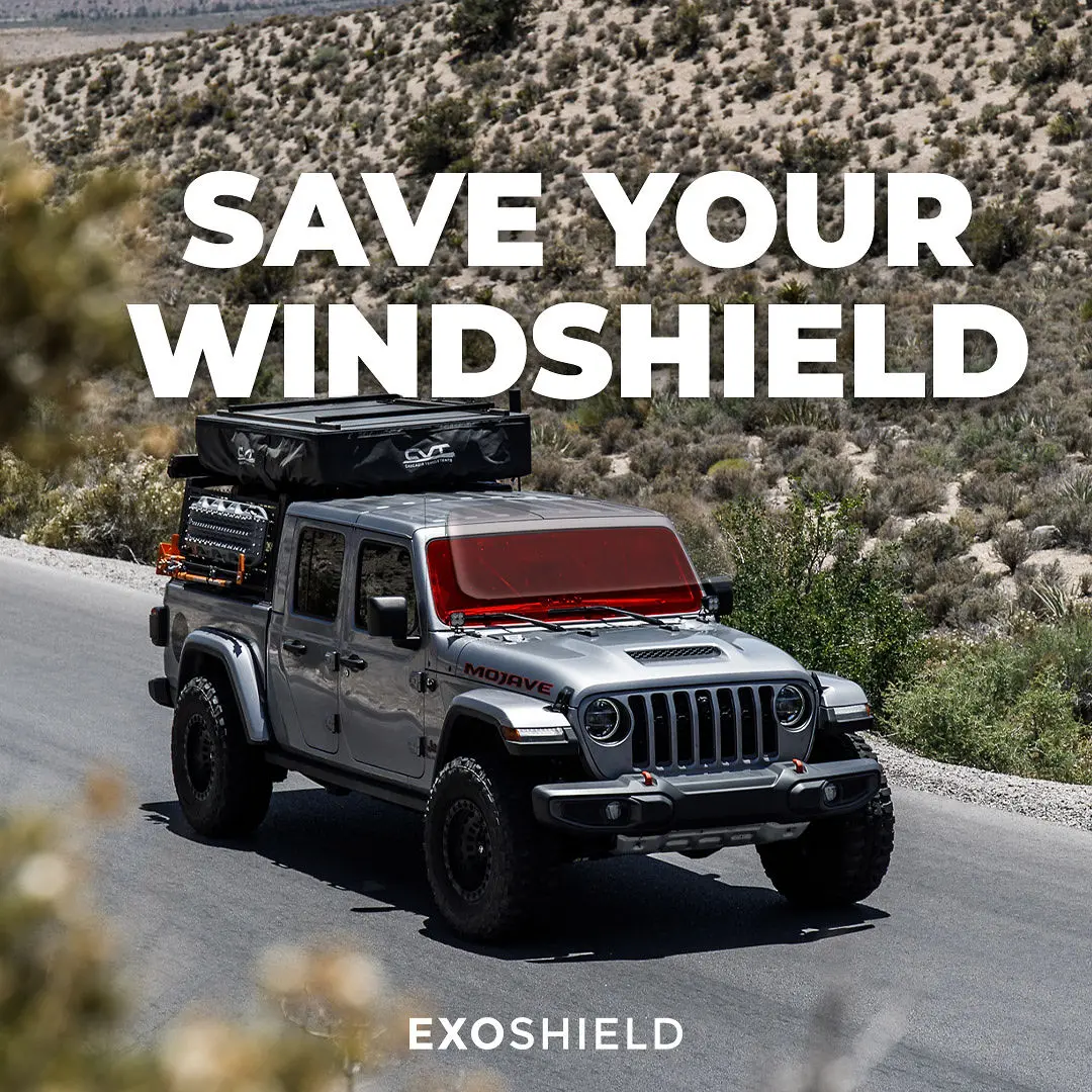 Jeep Gladiator off-road with ExoShield impact-resistant windshield protection film in Montgomery.